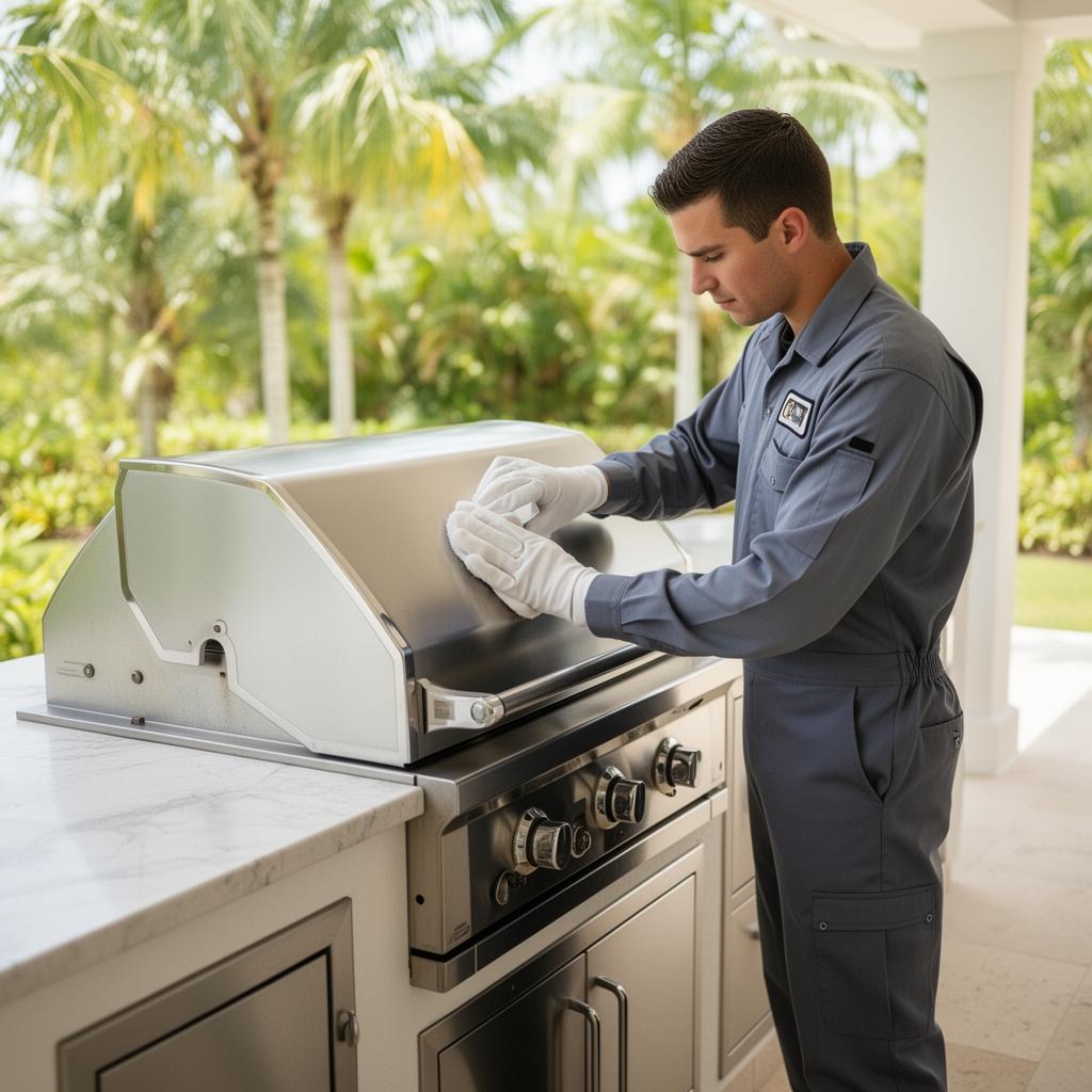 Brisa Care technician in white gloves polishing an outdoor kitchen grill