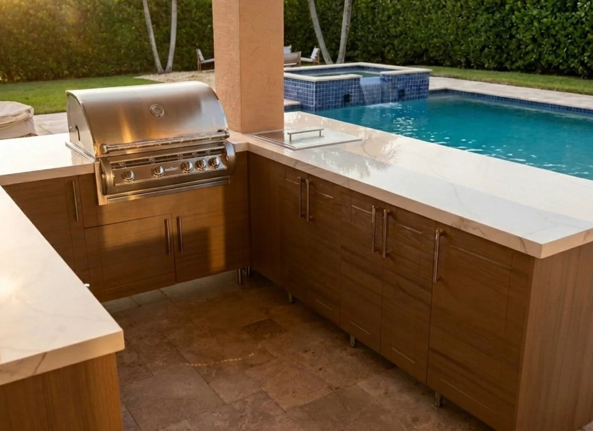 WeatherStrong outdoor cabinetry in Sanibel Teak