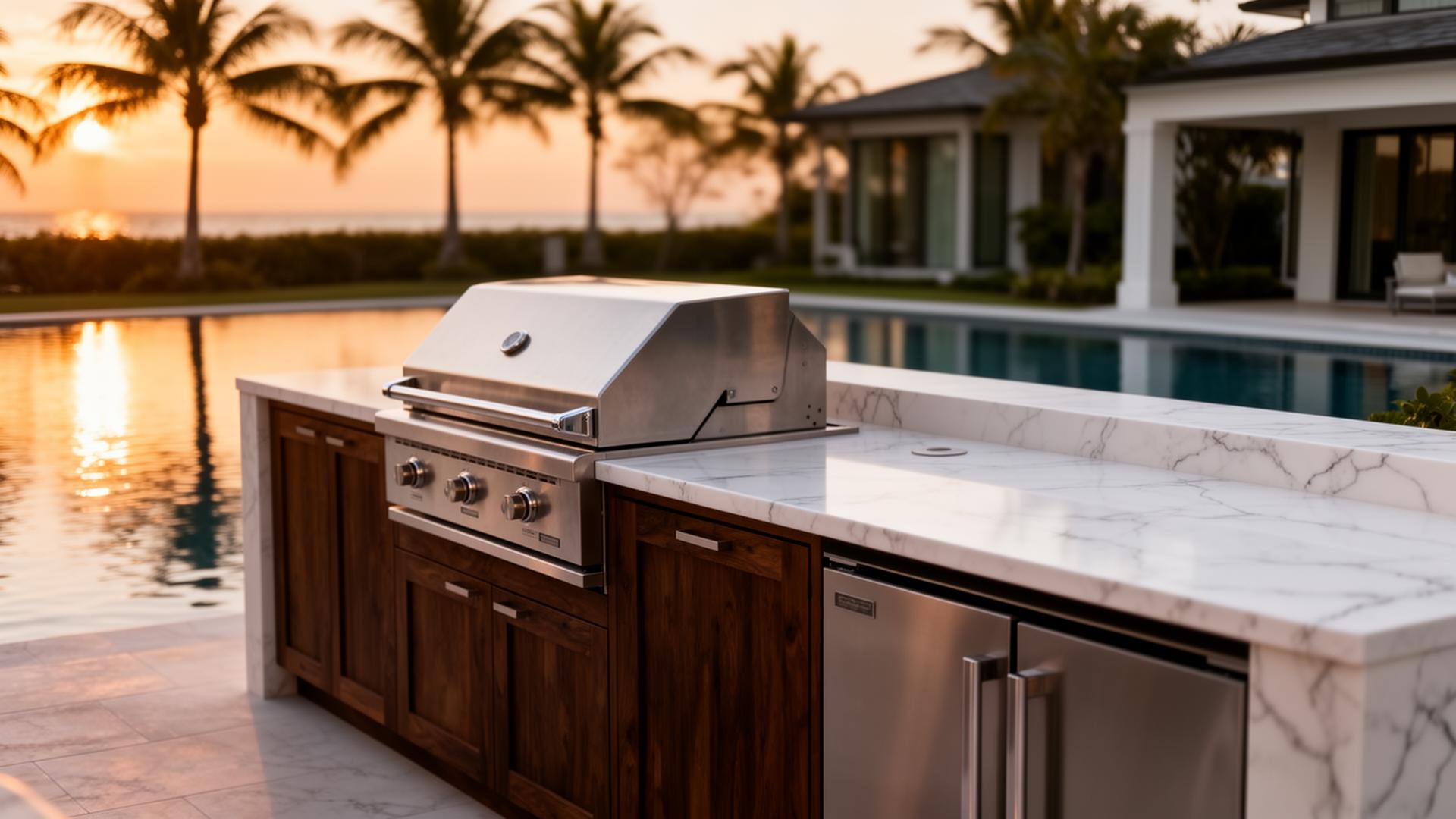 Luxury outdoor kitchen at a Florida vacation home at golden hour with pool in the background