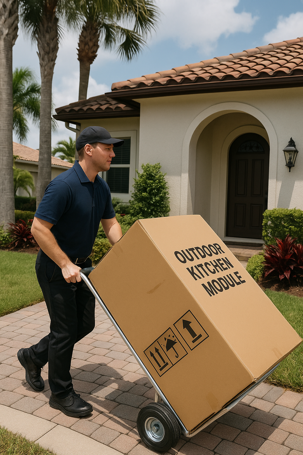 generate someone delivering an outdoor kitchen module package to a customers house in florida  exact size should be 10801350-1